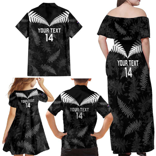 Custom New Zealand Silver Fern Football Family Matching Off Shoulder Maxi Dress and Hawaiian Shirt Go Aotearoa Grunge Black - Aussie Hoodie