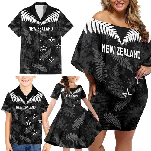 Custom New Zealand Silver Fern Football Family Matching Off Shoulder Short Dress and Hawaiian Shirt Go Aotearoa Grunge Black - Aussie Hoodie