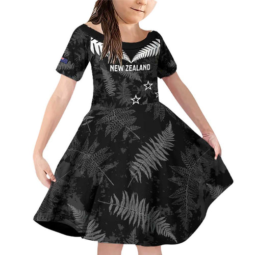 Custom New Zealand Silver Fern Football Family Matching Off Shoulder Short Dress and Hawaiian Shirt Go Aotearoa Grunge Black - Aussie Hoodie