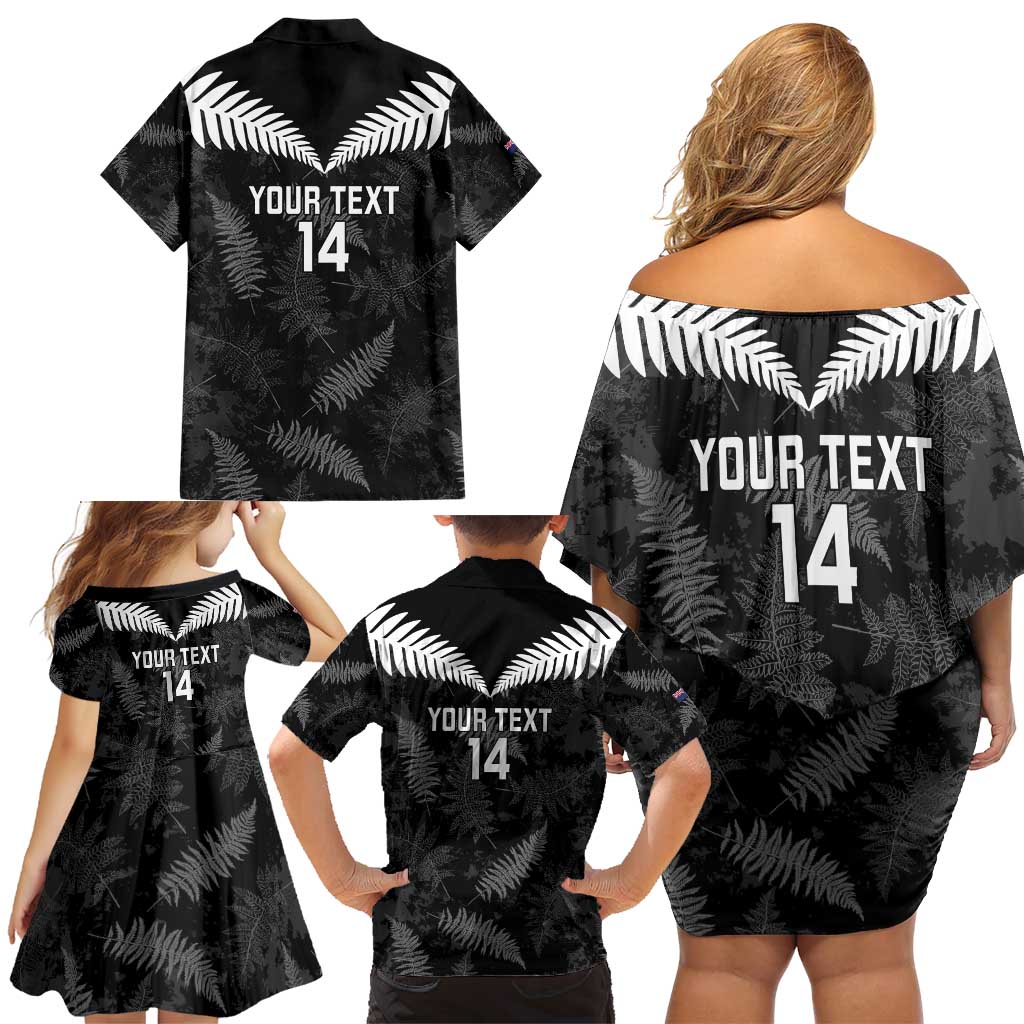 Custom New Zealand Silver Fern Football Family Matching Off Shoulder Short Dress and Hawaiian Shirt Go Aotearoa Grunge Black - Aussie Hoodie
