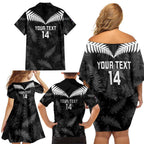 Custom New Zealand Silver Fern Football Family Matching Off Shoulder Short Dress and Hawaiian Shirt Go Aotearoa Grunge Black - Aussie Hoodie