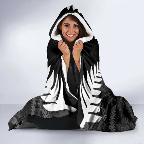 Custom New Zealand Silver Fern Football Hooded Blanket Go Aotearoa Grunge Black - Aussie Hoodie