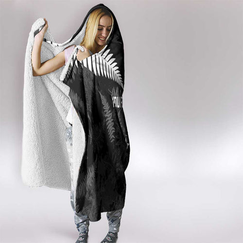Custom New Zealand Silver Fern Football Hooded Blanket Go Aotearoa Grunge Black - Aussie Hoodie
