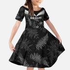 Custom New Zealand Silver Fern Football Kid Short Sleeve Dress Go Aotearoa Grunge Black - Aussie Hoodie