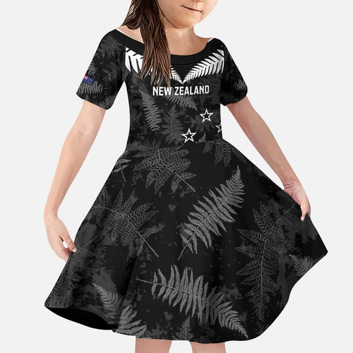 Custom New Zealand Silver Fern Football Kid Short Sleeve Dress Go Aotearoa Grunge Black - Aussie Hoodie