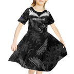Custom New Zealand Silver Fern Football Kid Short Sleeve Dress Go Aotearoa Grunge Black - Aussie Hoodie