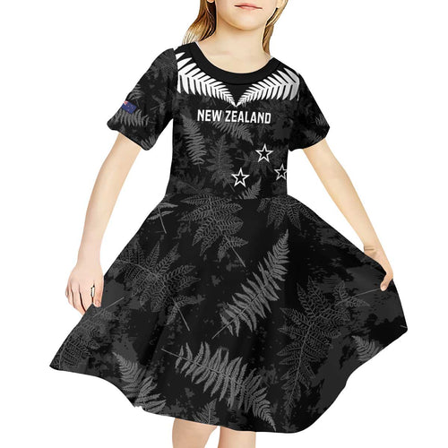 Custom New Zealand Silver Fern Football Kid Short Sleeve Dress Go Aotearoa Grunge Black - Aussie Hoodie