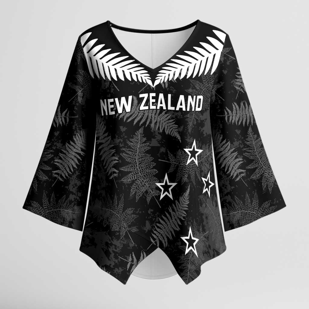 Custom New Zealand Silver Fern Football Kimono Sleeve Blouse Go Aotearoa Grunge Black - Aussie Hoodie