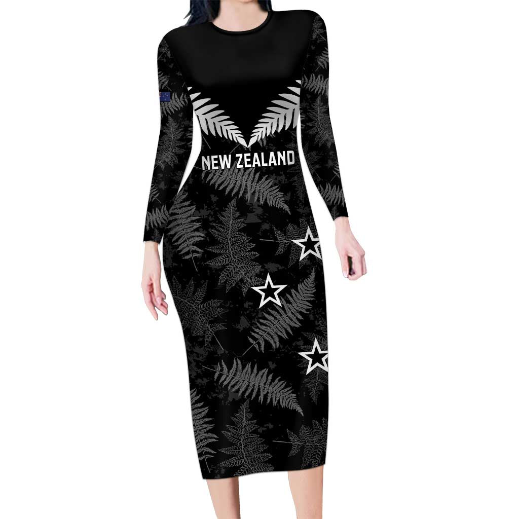Custom New Zealand Silver Fern Football Long Sleeve Bodycon Dress Go Aotearoa Grunge Black - Aussie Hoodie