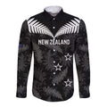 Custom New Zealand Silver Fern Football Long Sleeve Button Shirt Go Aotearoa Grunge Black - Aussie Hoodie