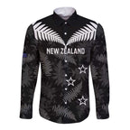 Custom New Zealand Silver Fern Football Long Sleeve Button Shirt Go Aotearoa Grunge Black - Aussie Hoodie