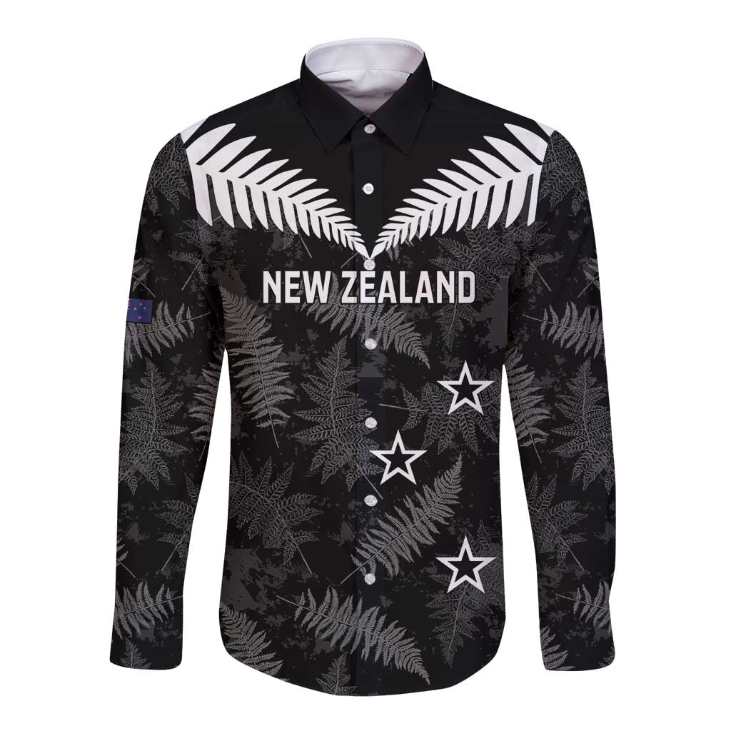 Custom New Zealand Silver Fern Football Long Sleeve Button Shirt Go Aotearoa Grunge Black - Aussie Hoodie