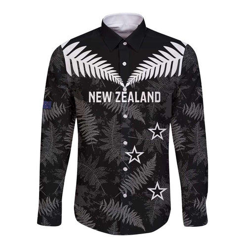 Custom New Zealand Silver Fern Football Long Sleeve Button Shirt Go Aotearoa Grunge Black - Aussie Hoodie
