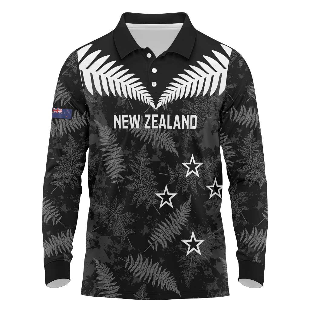 Custom New Zealand Silver Fern Football Long Sleeve Polo Shirt Go Aotearoa Grunge Black - Aussie Hoodie