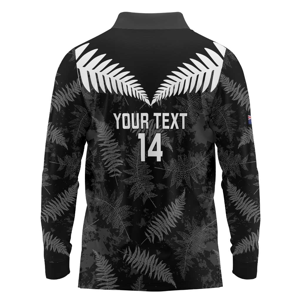 Custom New Zealand Silver Fern Football Long Sleeve Polo Shirt Go Aotearoa Grunge Black - Aussie Hoodie