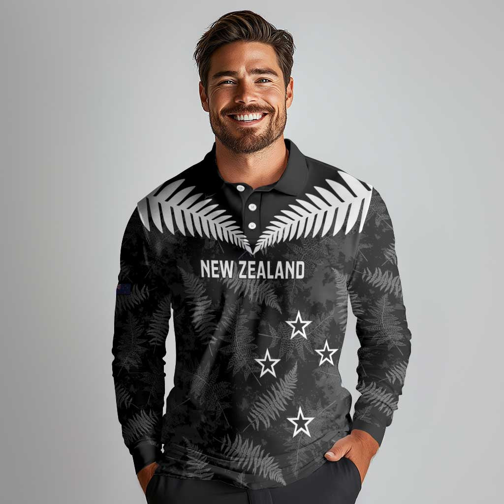 Custom New Zealand Silver Fern Football Long Sleeve Polo Shirt Go Aotearoa Grunge Black - Aussie Hoodie