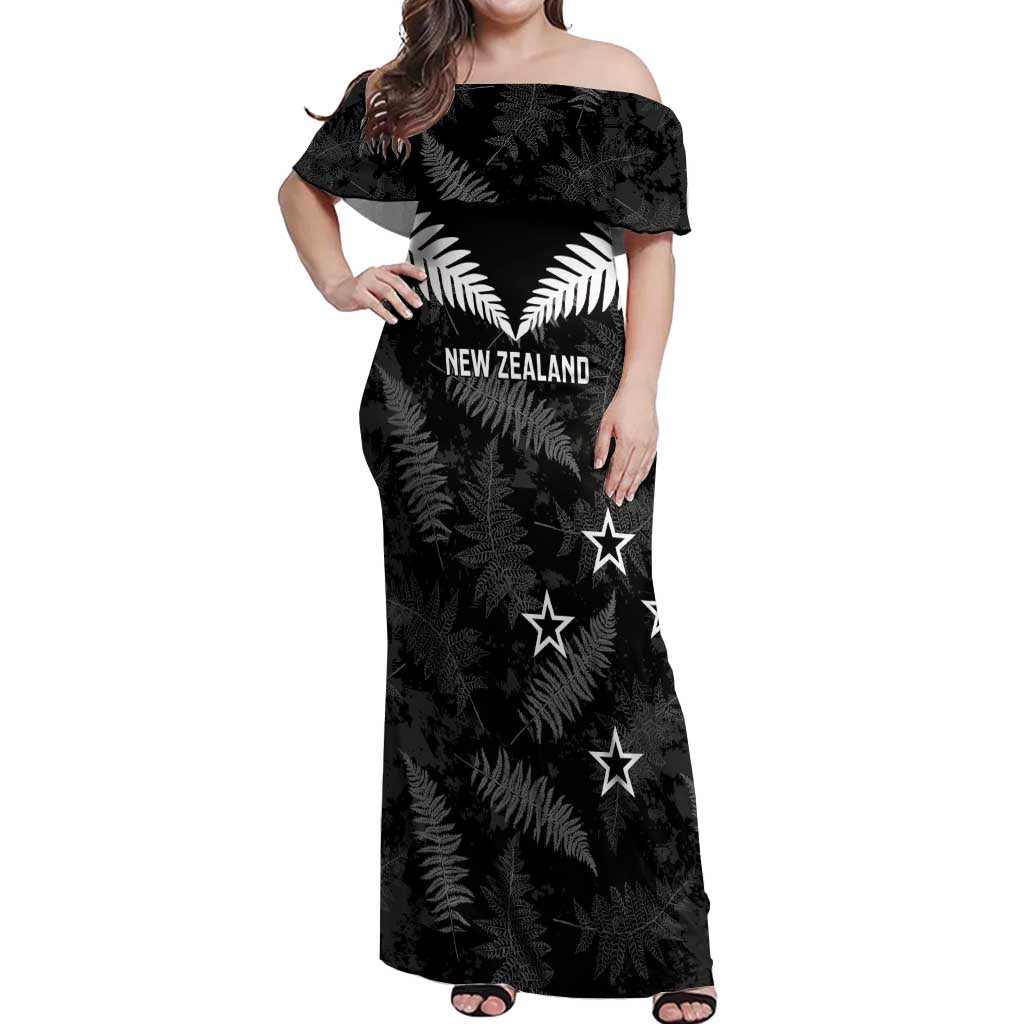 Custom New Zealand Silver Fern Football Off Shoulder Maxi Dress Go Aotearoa Grunge Black - Aussie Hoodie