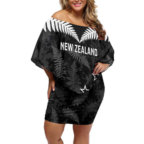 Custom New Zealand Silver Fern Football Off Shoulder Short Dress Go Aotearoa Grunge Black - Aussie Hoodie