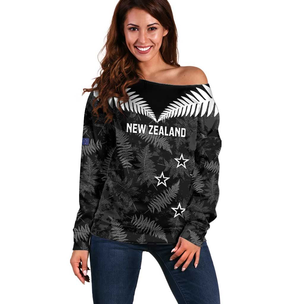 Custom New Zealand Silver Fern Football Off Shoulder Sweater Go Aotearoa Grunge Black - Aussie Hoodie