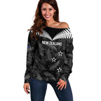 Custom New Zealand Silver Fern Football Off Shoulder Sweater Go Aotearoa Grunge Black - Aussie Hoodie