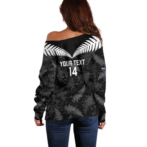 Custom New Zealand Silver Fern Football Off Shoulder Sweater Go Aotearoa Grunge Black - Aussie Hoodie