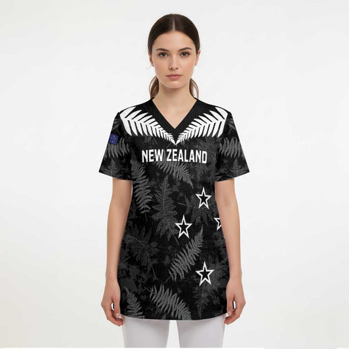 Custom New Zealand Silver Fern Football Scrub Top Go Aotearoa Grunge Black - Aussie Hoodie