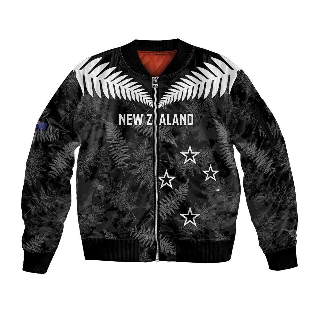 Custom New Zealand Silver Fern Football Sleeve Zip Bomber Jacket Go Aotearoa Grunge Black - Aussie Hoodie
