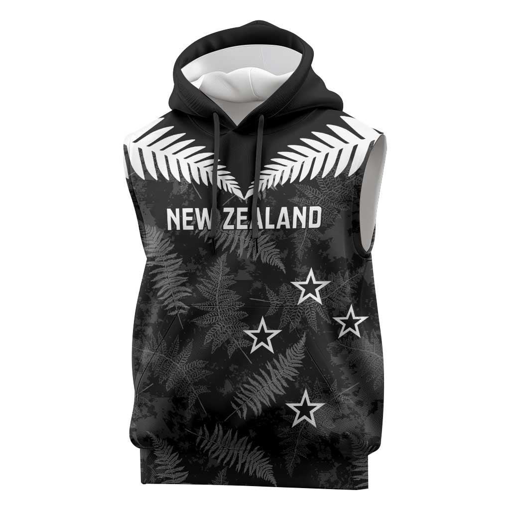 Custom New Zealand Silver Fern Football Sleeveless Hoodie Go Aotearoa Grunge Black - Aussie Hoodie