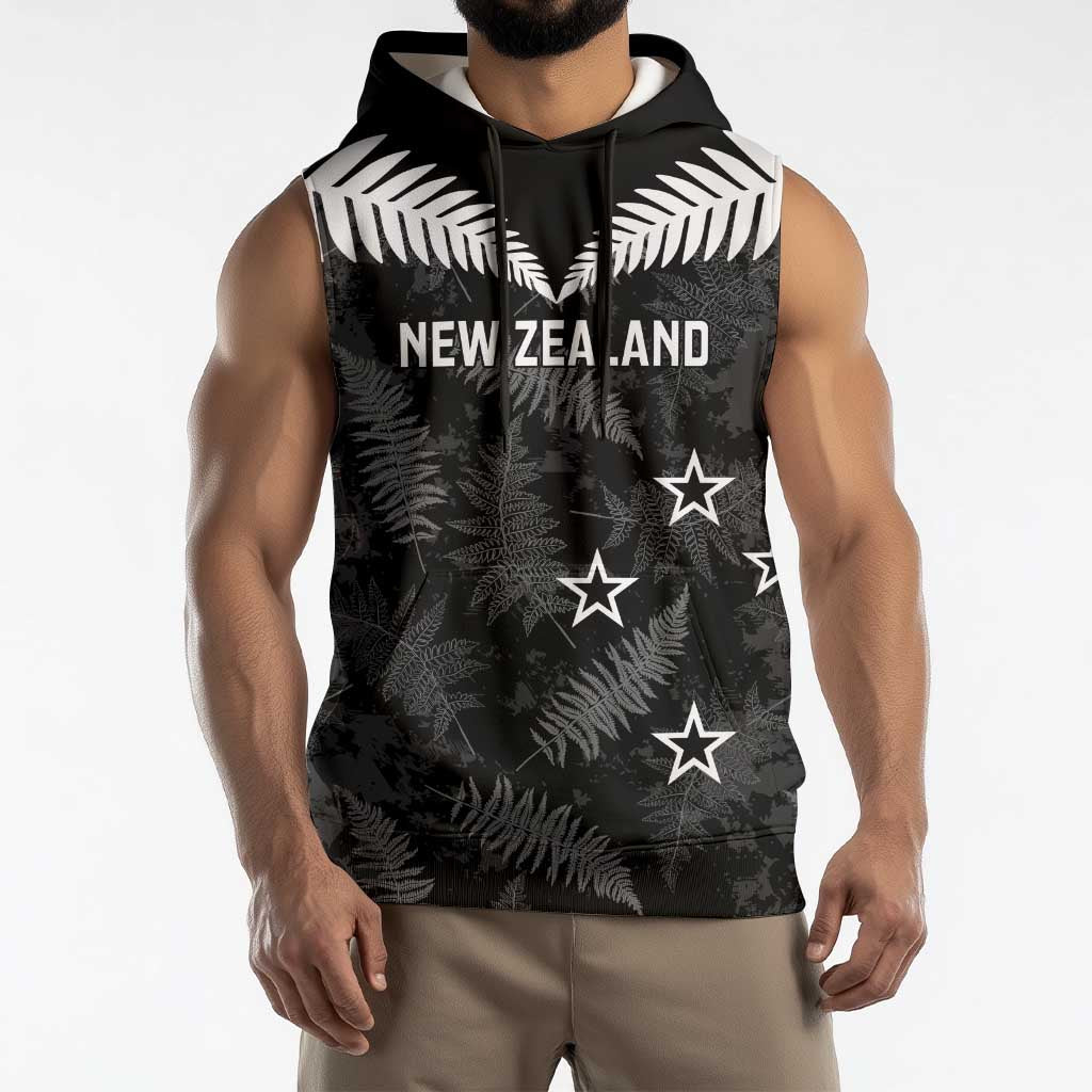 Custom New Zealand Silver Fern Football Sleeveless Hoodie Go Aotearoa Grunge Black - Aussie Hoodie