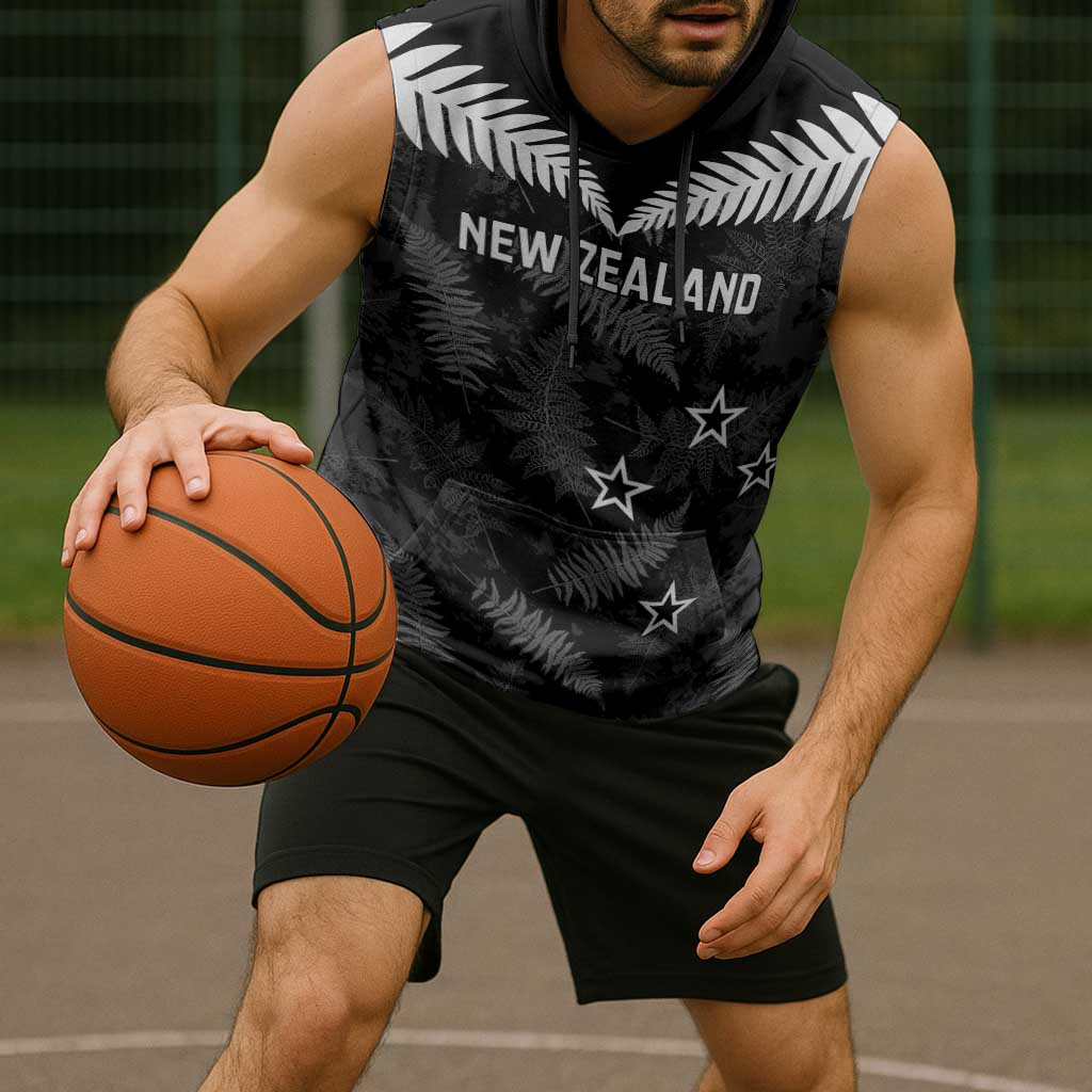 Custom New Zealand Silver Fern Football Sleeveless Hoodie Go Aotearoa Grunge Black - Aussie Hoodie
