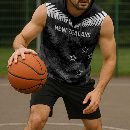 Custom New Zealand Silver Fern Football Sleeveless Hoodie Go Aotearoa Grunge Black - Aussie Hoodie