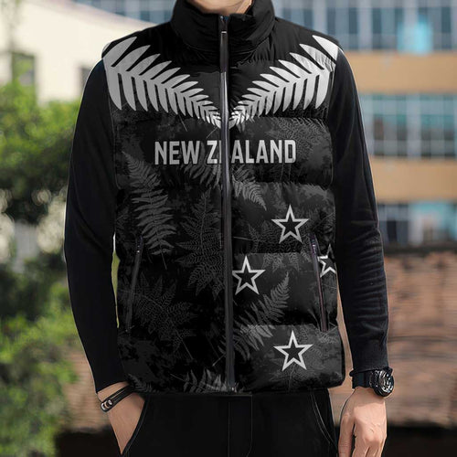Custom New Zealand Silver Fern Football Sleeveless Puffer Jacket Go Aotearoa Grunge Black - Aussie Hoodie