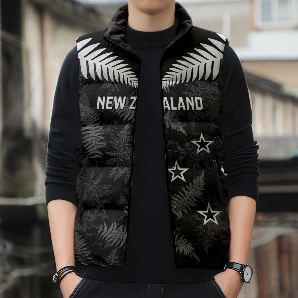 Custom New Zealand Silver Fern Football Sleeveless Puffer Jacket Go Aotearoa Grunge Black - Aussie Hoodie