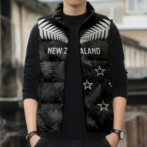 Custom New Zealand Silver Fern Football Sleeveless Puffer Jacket Go Aotearoa Grunge Black - Aussie Hoodie