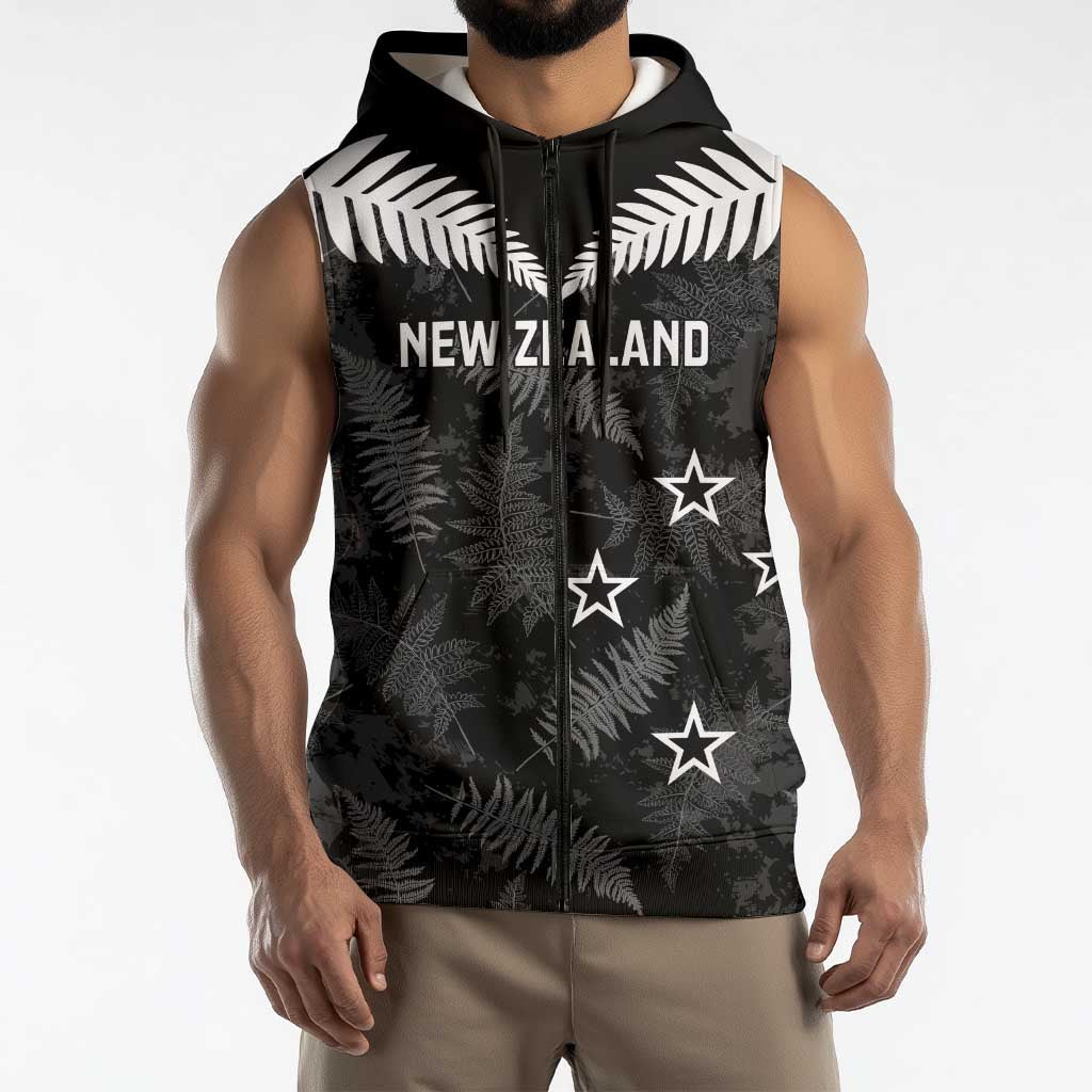 Custom New Zealand Silver Fern Football Sleeveless Zip Hoodie Go Aotearoa Grunge Black LT14
