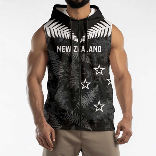 Custom New Zealand Silver Fern Football Sleeveless Zip Hoodie Go Aotearoa Grunge Black LT14