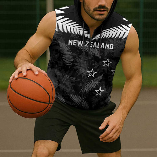 Custom New Zealand Silver Fern Football Sleeveless Zip Hoodie Go Aotearoa Grunge Black LT14