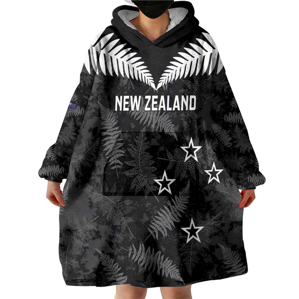 Custom New Zealand Silver Fern Football Wearable Blanket Hoodie Go Aotearoa Grunge Black - Aussie Hoodie