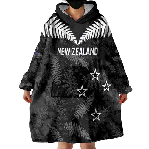 Custom New Zealand Silver Fern Football Wearable Blanket Hoodie Go Aotearoa Grunge Black - Aussie Hoodie