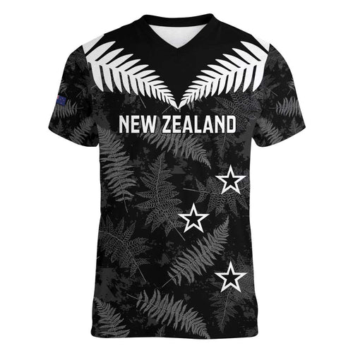 Custom New Zealand Silver Fern Football Women V-Neck T-Shirt Go Aotearoa Grunge Black - Aussie Hoodie