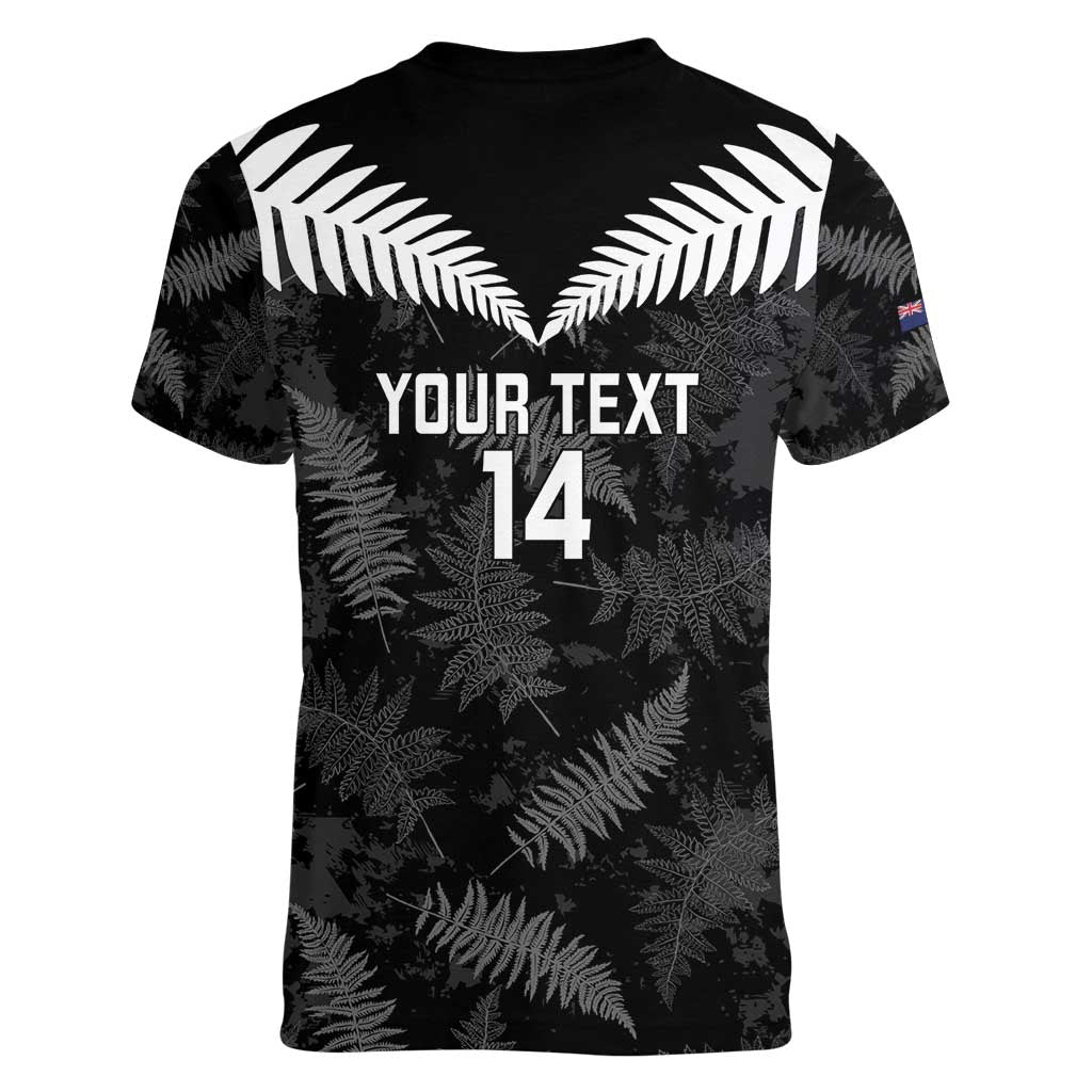 Custom New Zealand Silver Fern Football Women V-Neck T-Shirt Go Aotearoa Grunge Black - Aussie Hoodie