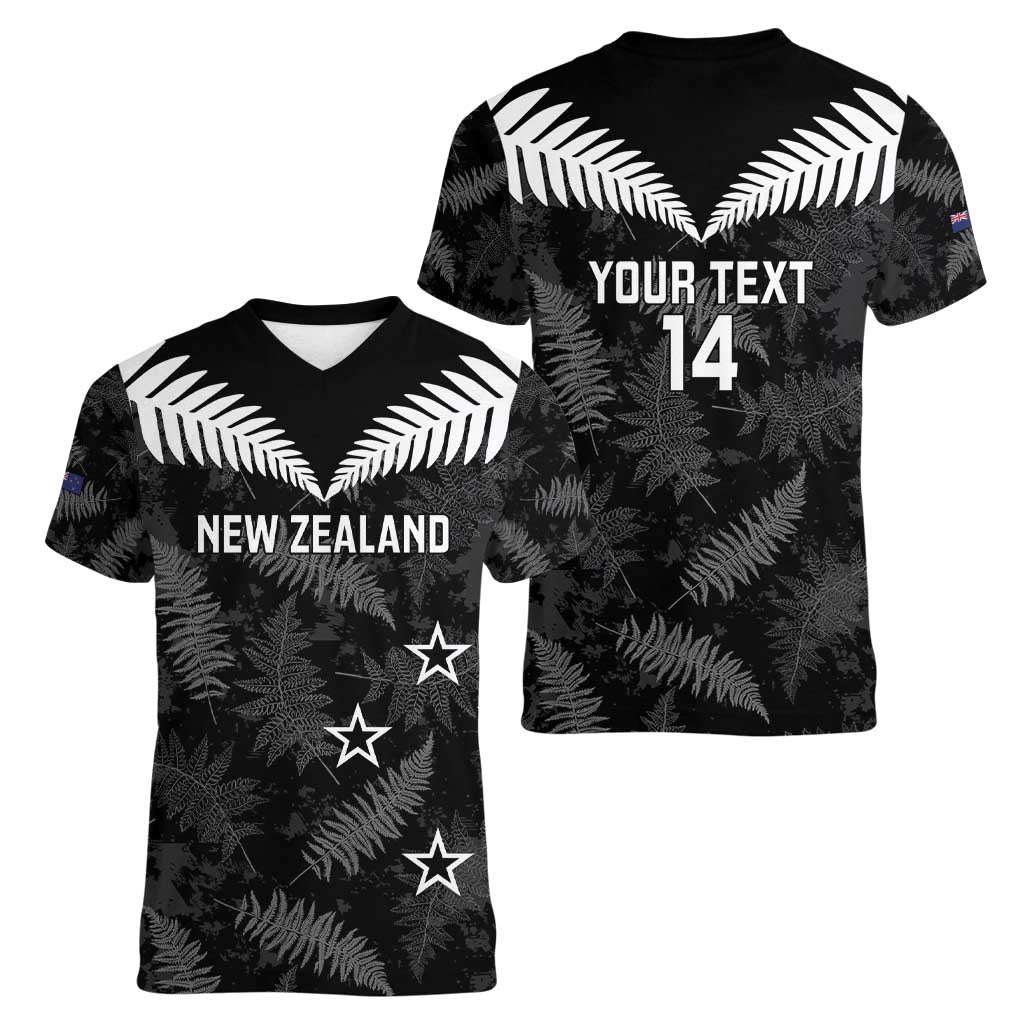 Custom New Zealand Silver Fern Football Women V-Neck T-Shirt Go Aotearoa Grunge Black - Aussie Hoodie