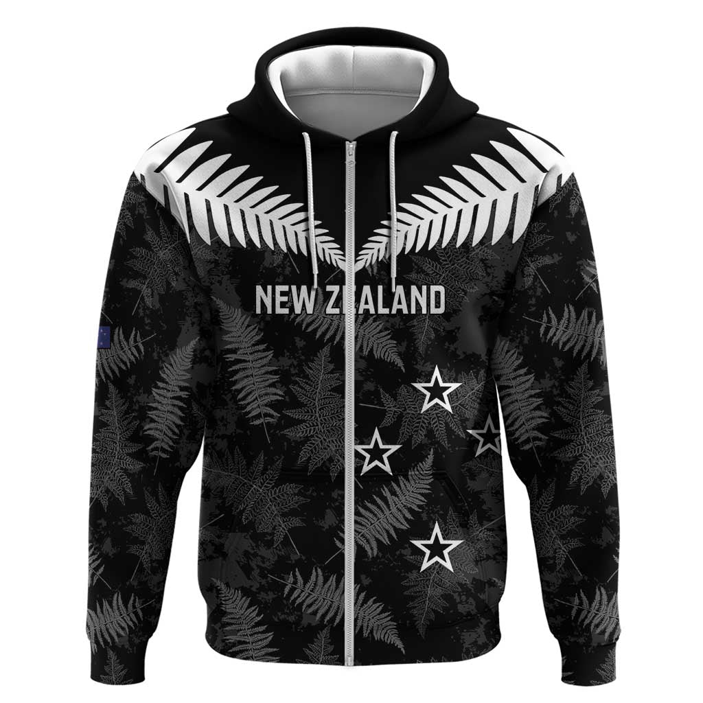 Custom New Zealand Silver Fern Football Zip Hoodie Go Aotearoa Grunge Black - Aussie Hoodie