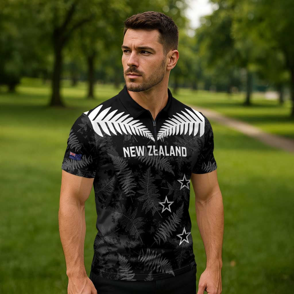 Custom New Zealand Silver Fern Football Zipper Polo Shirt Go Aotearoa Grunge Black - Aussie Hoodie