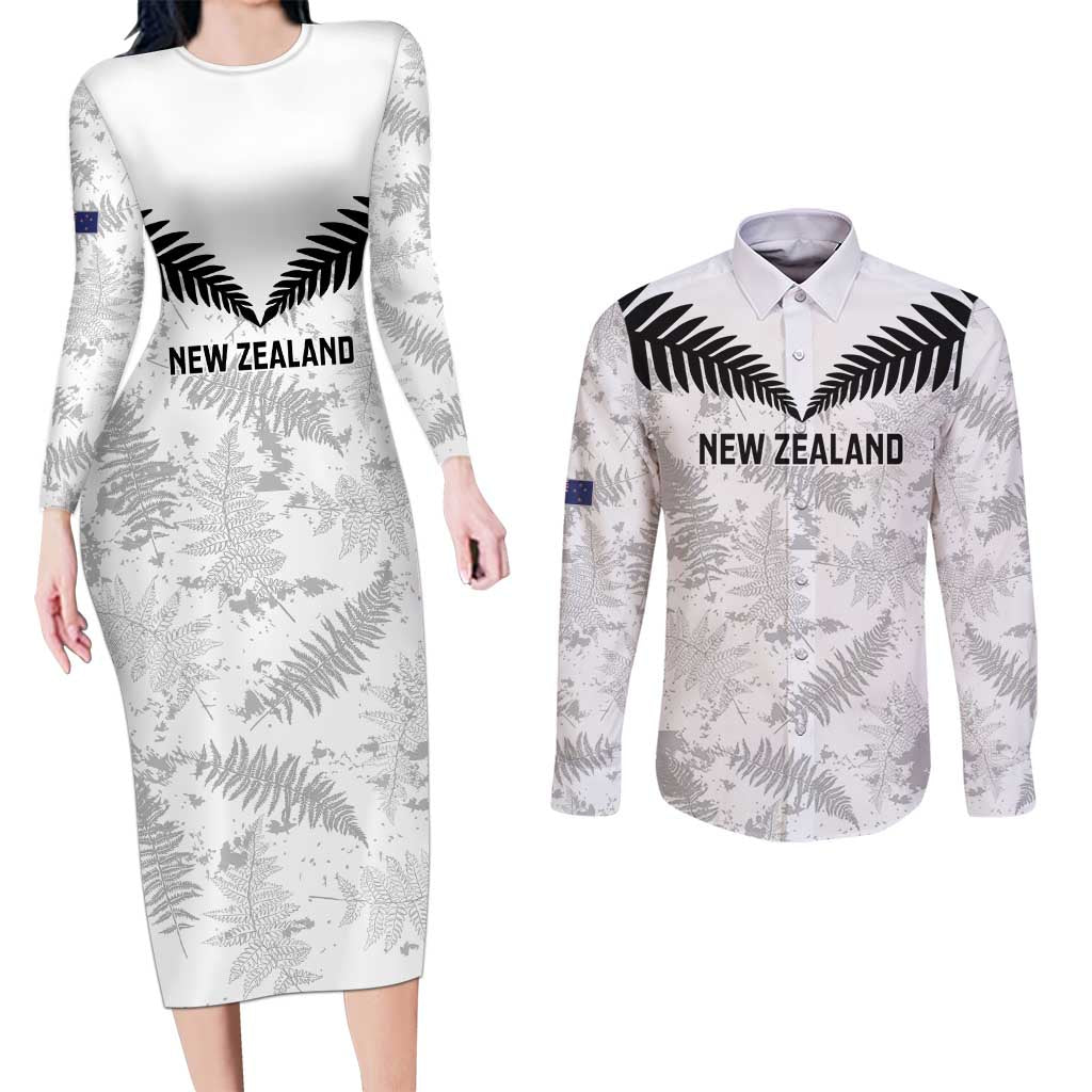 Custom New Zealand Silver Fern Football Couples Matching Long Sleeve Bodycon Dress and Long Sleeve Button Shirt Go Aotearoa Grunge White - Aussie Hoodie
