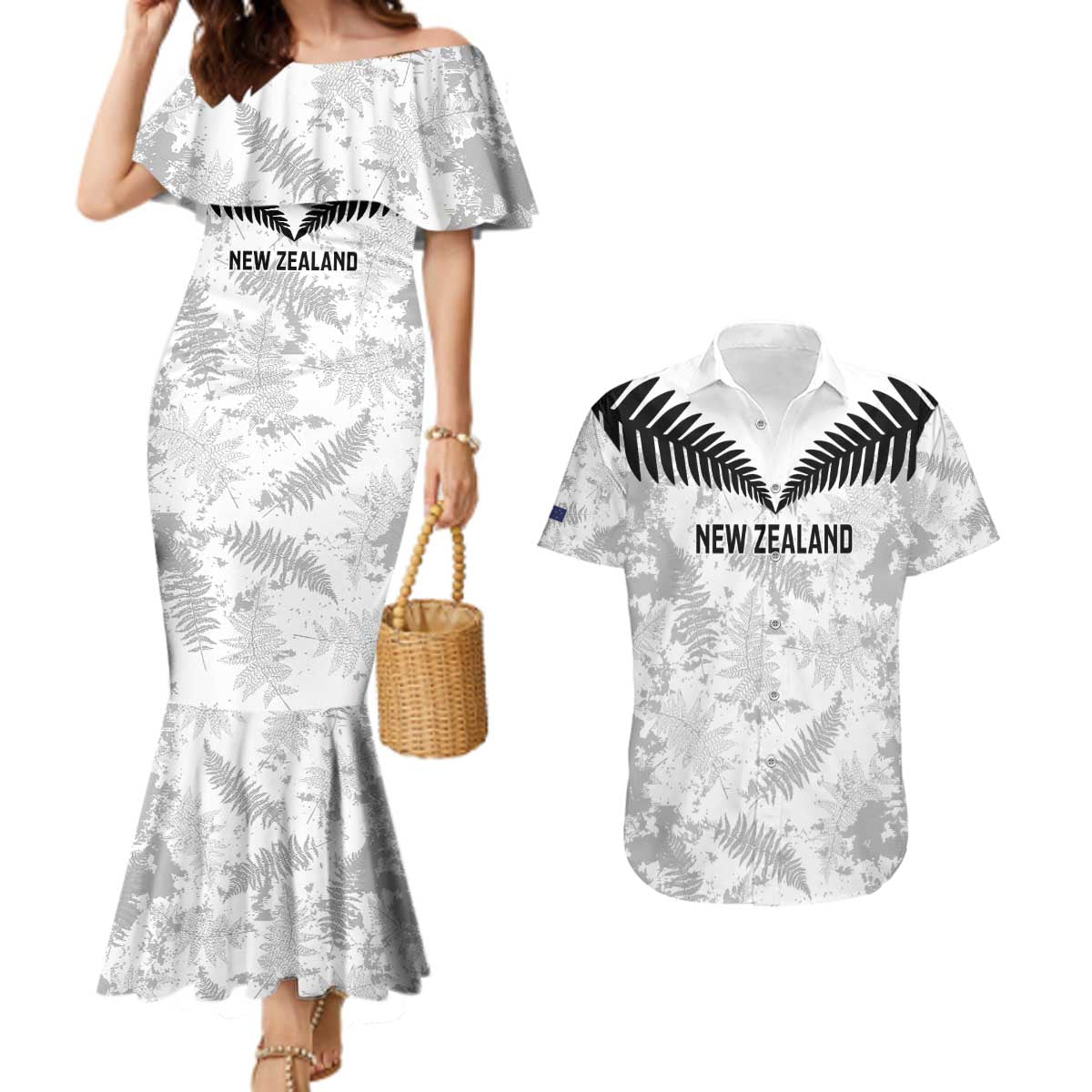 Custom New Zealand Silver Fern Football Couples Matching Mermaid Dress and Hawaiian Shirt Go Aotearoa Grunge White - Aussie Hoodie