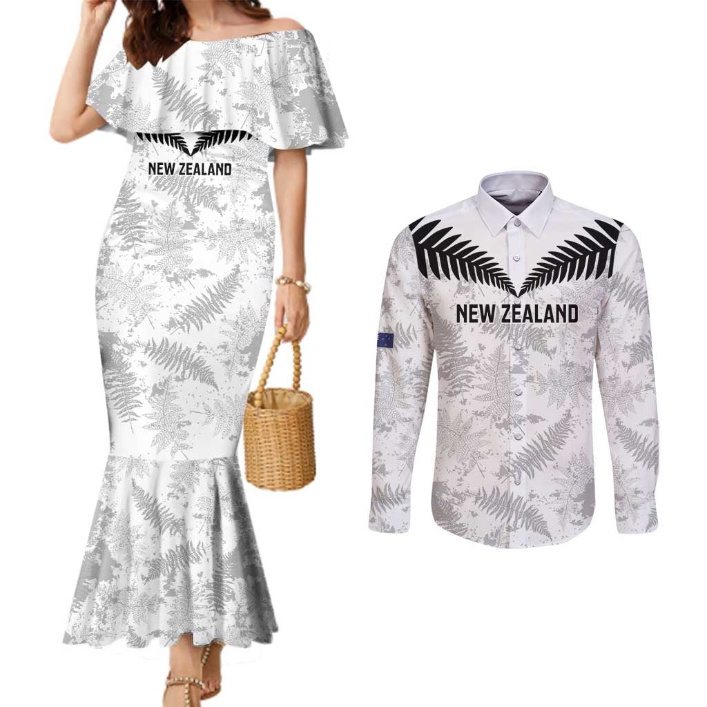 Custom New Zealand Silver Fern Football Couples Matching Mermaid Dress and Long Sleeve Button Shirt Go Aotearoa Grunge White - Aussie Hoodie