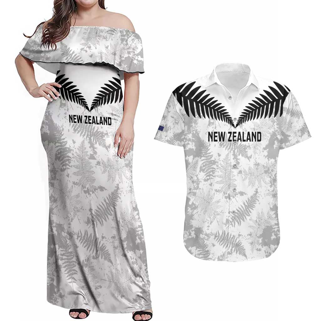 Custom New Zealand Silver Fern Football Couples Matching Off Shoulder Maxi Dress and Hawaiian Shirt Go Aotearoa Grunge White - Aussie Hoodie