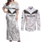 Custom New Zealand Silver Fern Football Couples Matching Off Shoulder Maxi Dress and Long Sleeve Button Shirt Go Aotearoa Grunge White - Aussie Hoodie