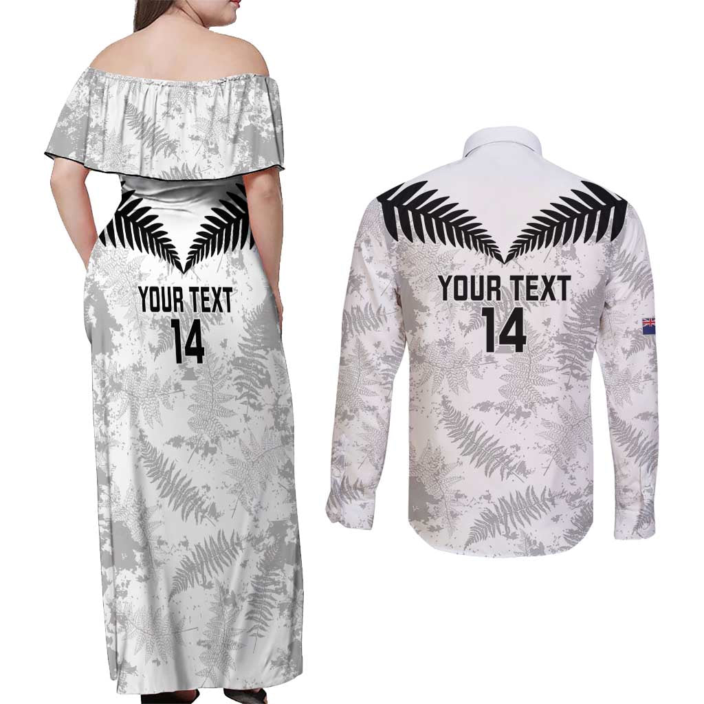 Custom New Zealand Silver Fern Football Couples Matching Off Shoulder Maxi Dress and Long Sleeve Button Shirt Go Aotearoa Grunge White - Aussie Hoodie